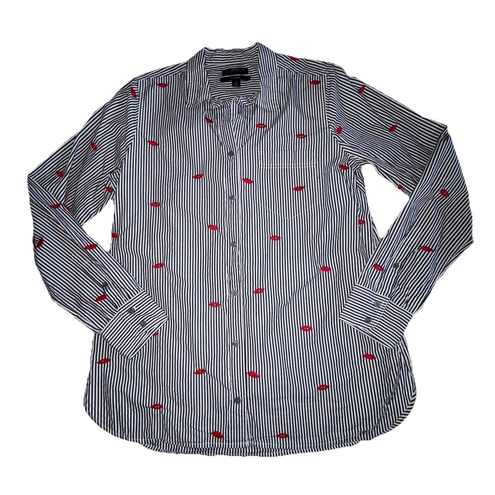 J Crew Red Embroidered Kiss Lips Classic Fit Black & White Striped Shirt  Size 6